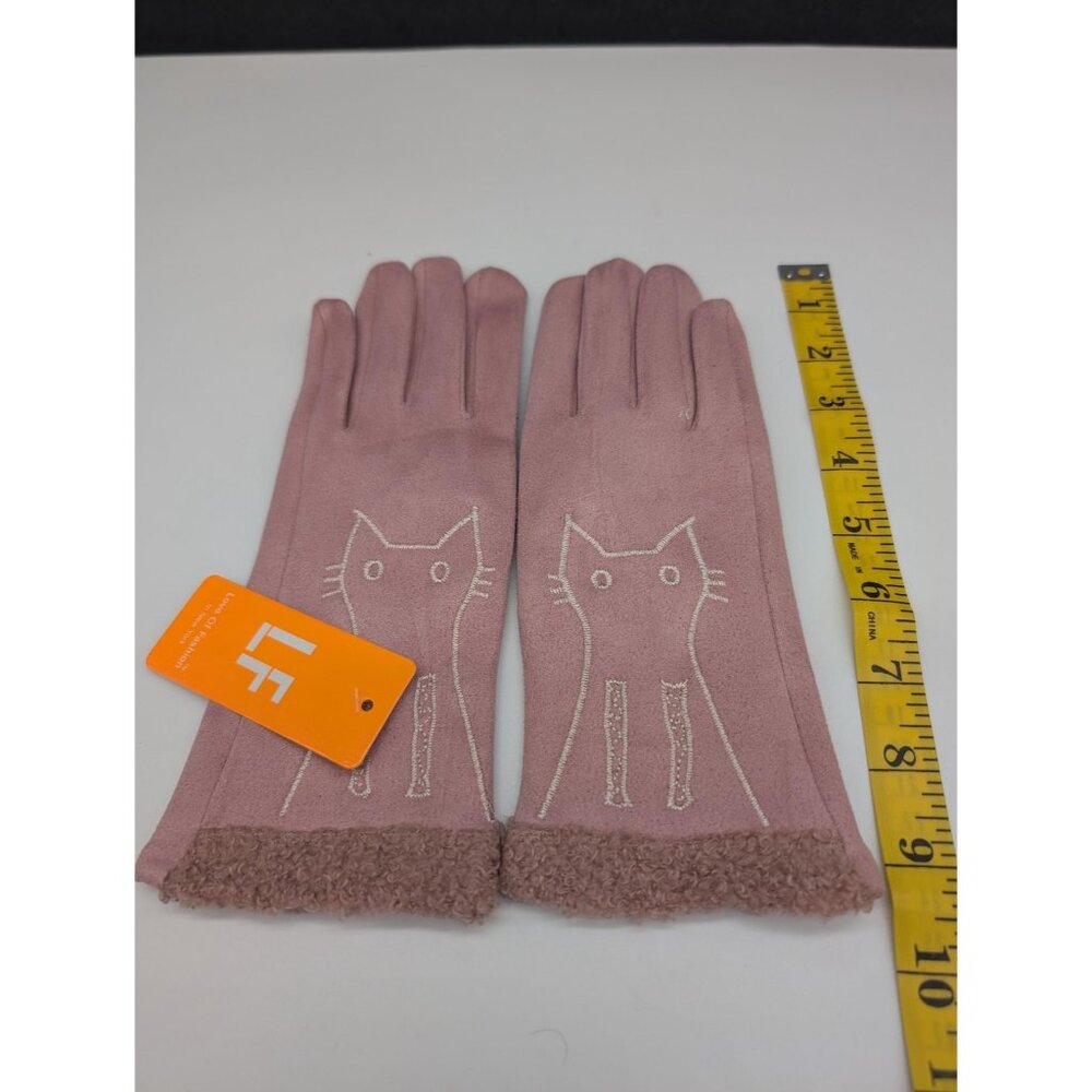 LF Gloves Womens Pink Cat Embroidered Fleece Top Warm Soft Cozy Touchscreen NEW